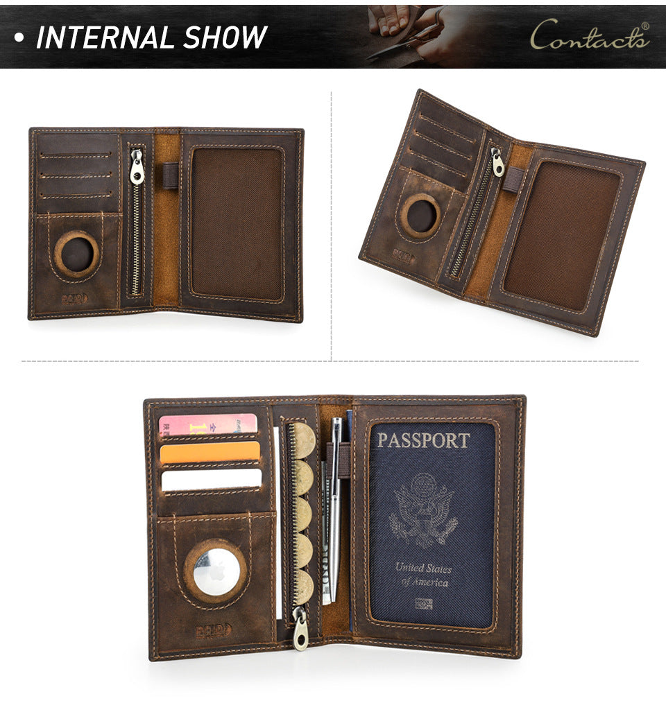 Black Vintage Crazy Horse Leather RFID-Blocking Family Passport Wallet with AirTag Pocket