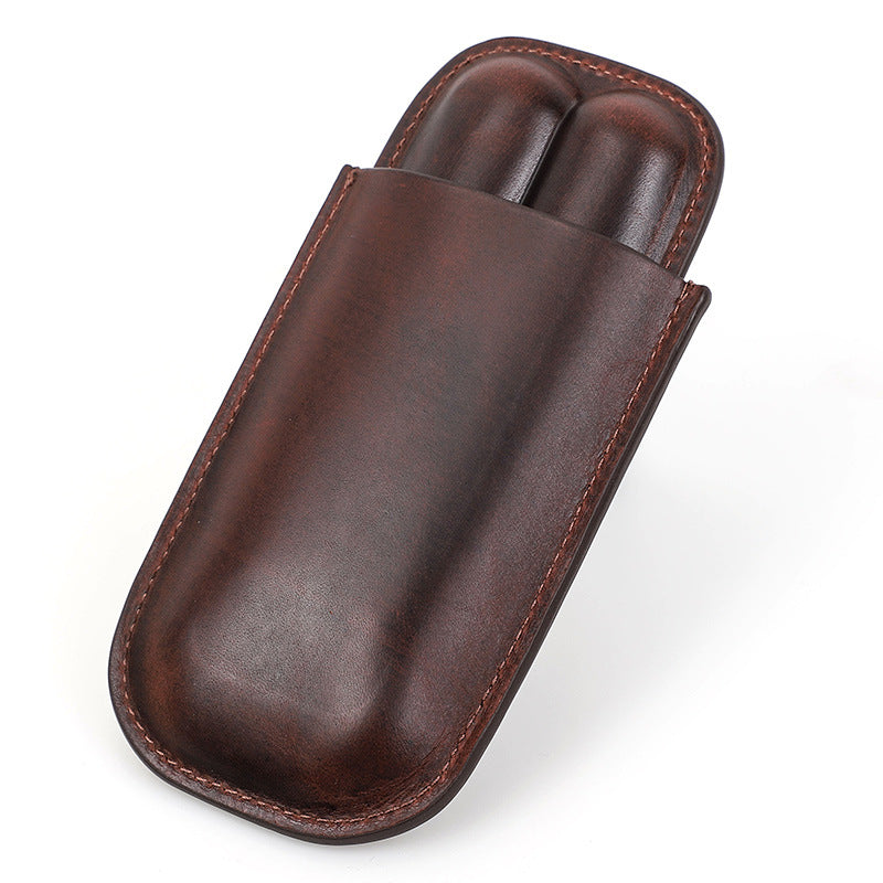 Vintage Cowhide Leather Travel Cigar Case – Holds 2 Cigars