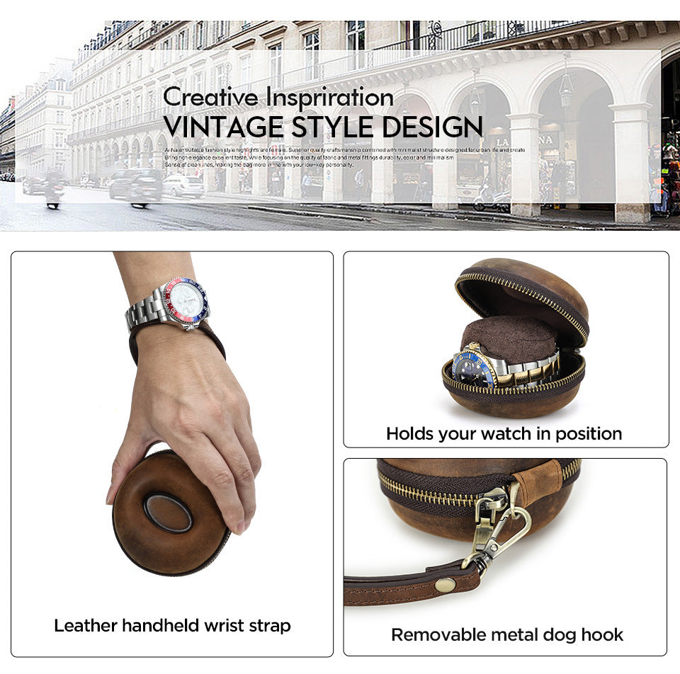 Vintage Leather Round Donut Watch Case for Single Watch Storage