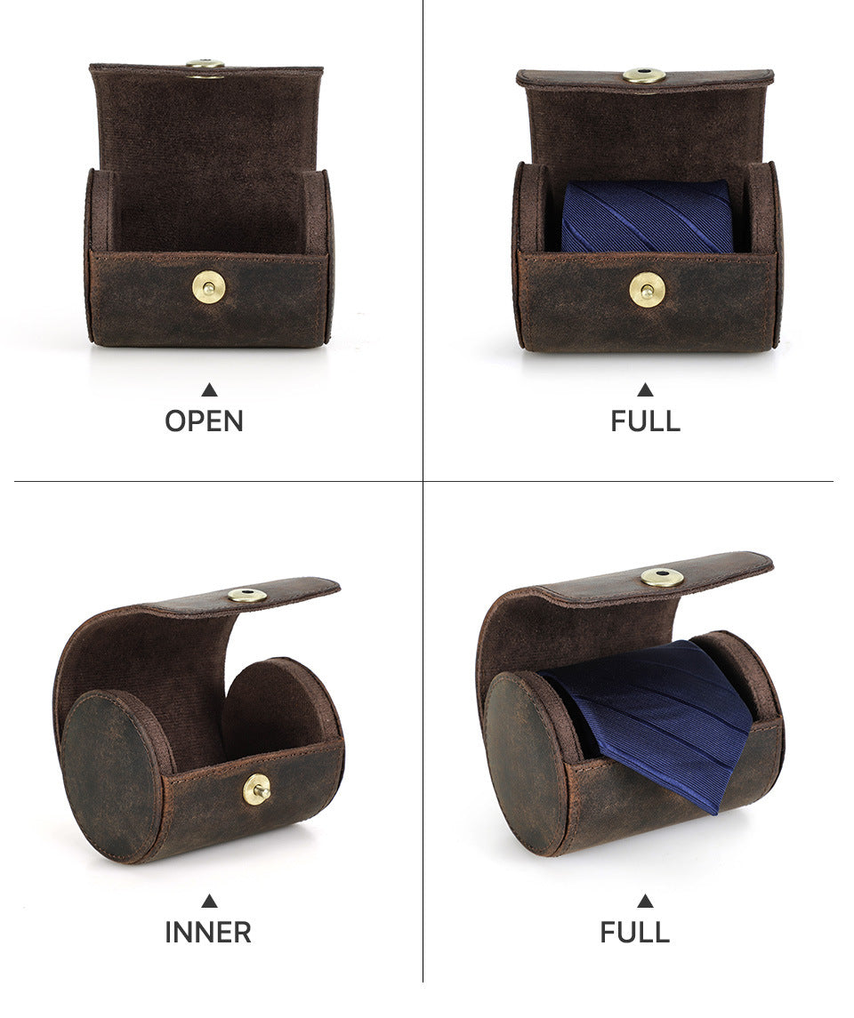 Handmade Genuine Leather Round Tie Travel Case with Magnetic Closure
