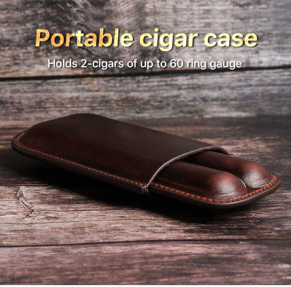 Vintage Cowhide Leather Travel Cigar Case – Holds 2 Cigars