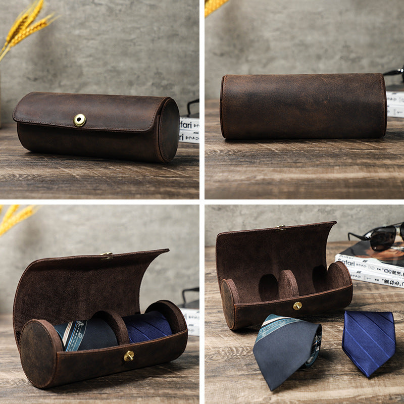 Handmade Vintage Crazy Horse Leather Cylindrical Case for Two Ties with Magnetic Clasp
