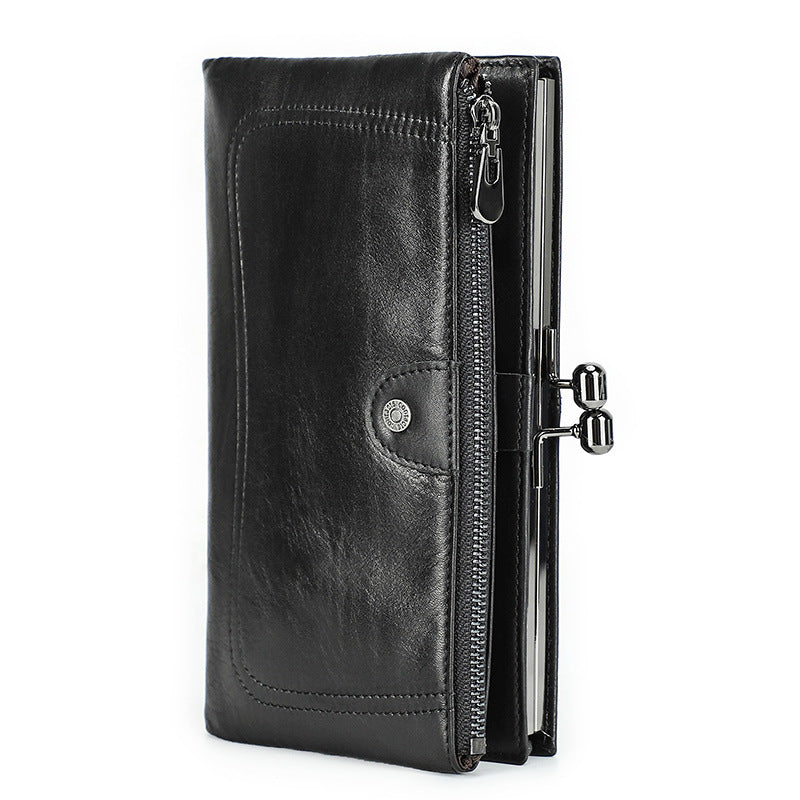 Top-Grain Cowhide Leather RFID-Blocking Long Wallet for Women with Metal Clasp