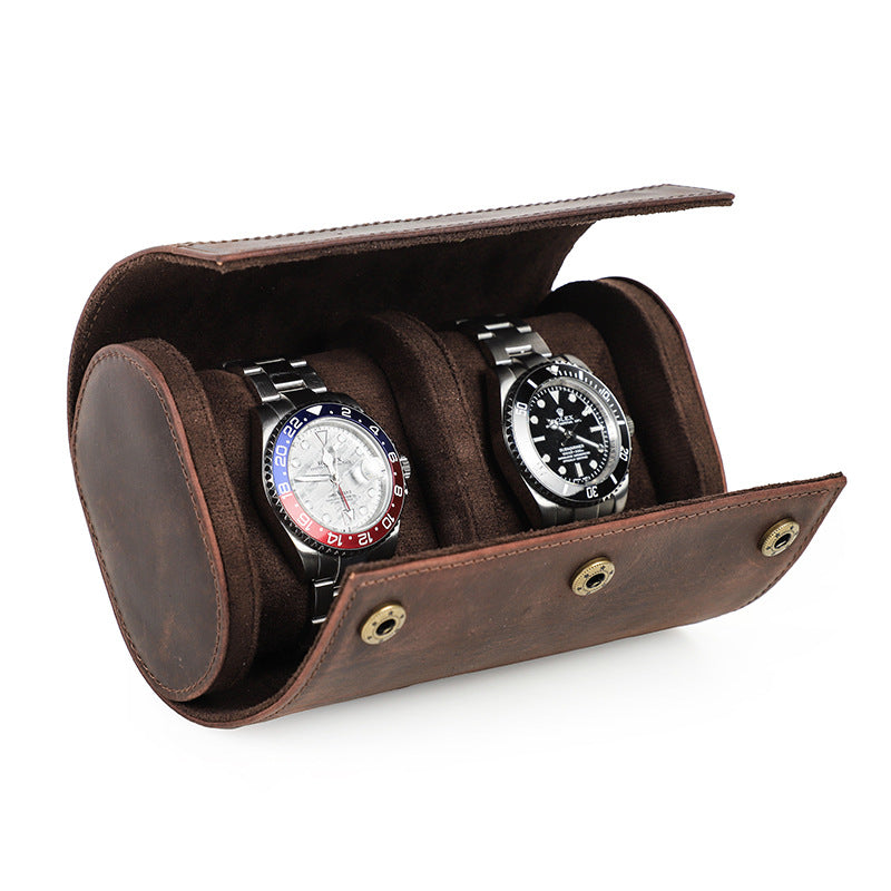 Vintage Crazy Horse Leather Double Watch Travel Case