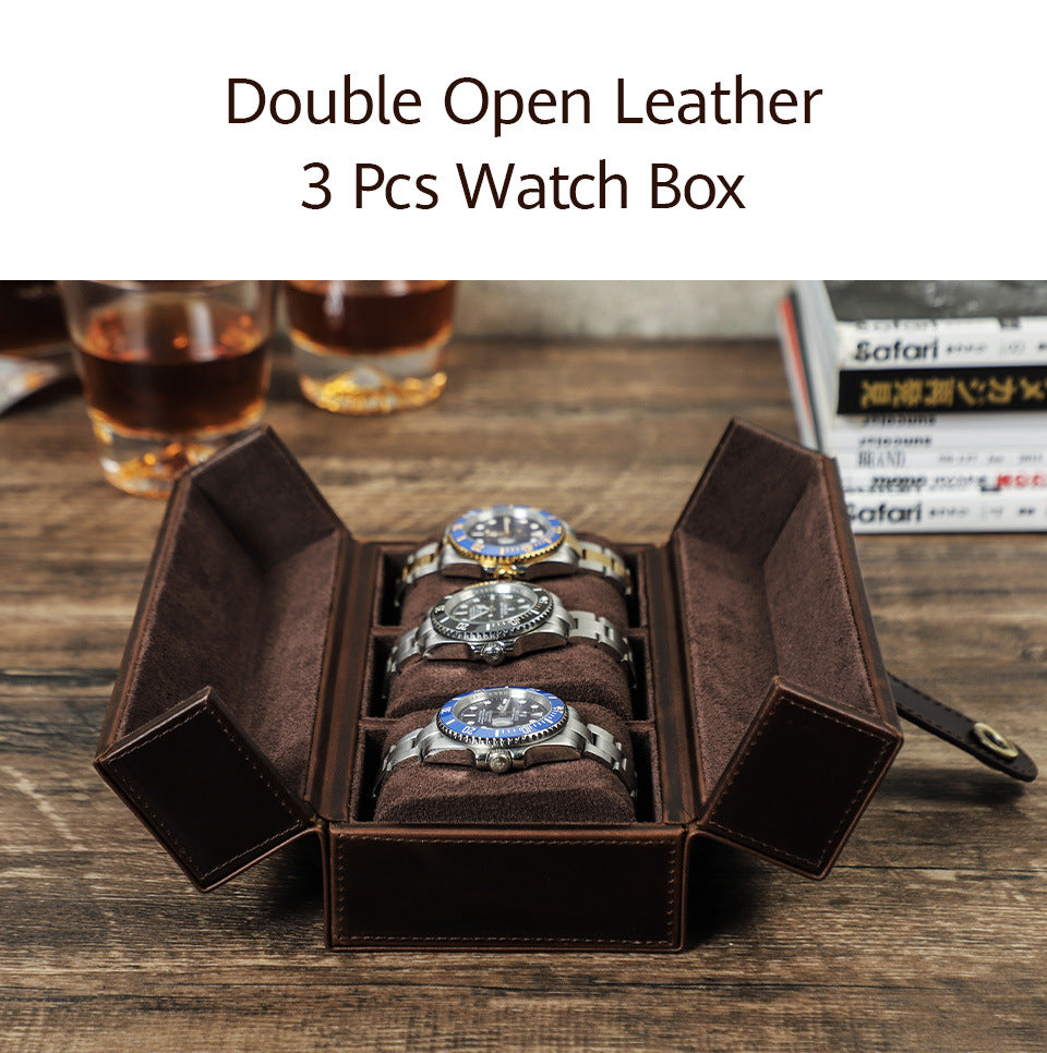Vintage Crazy Horse Leather Travel Watch Square Case with Magnetic Clasp for Three Watches