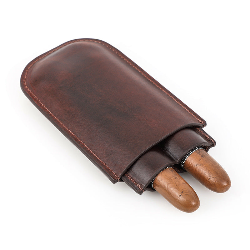 Vintage Cowhide Leather Travel Cigar Case – Holds 2 Cigars