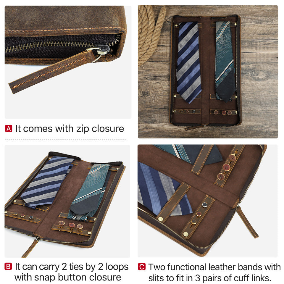 Vintage Crazy Horse Leather Zipper Travel Case for Two Ties & Cufflinks