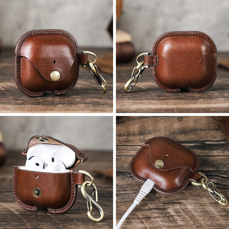 Full-Cover Cowhide Leather Case with Snap Closure for AirPods 4