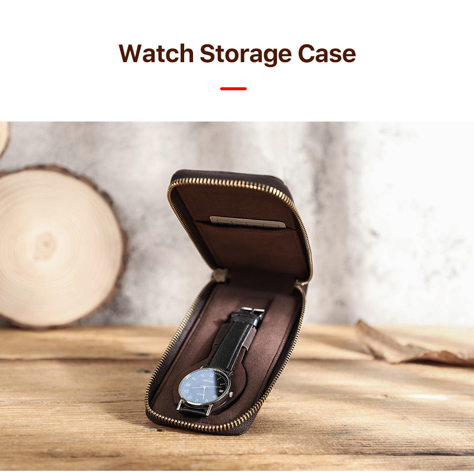 Vintage Crazy Horse Leather Zipper Travel Case for One Watch