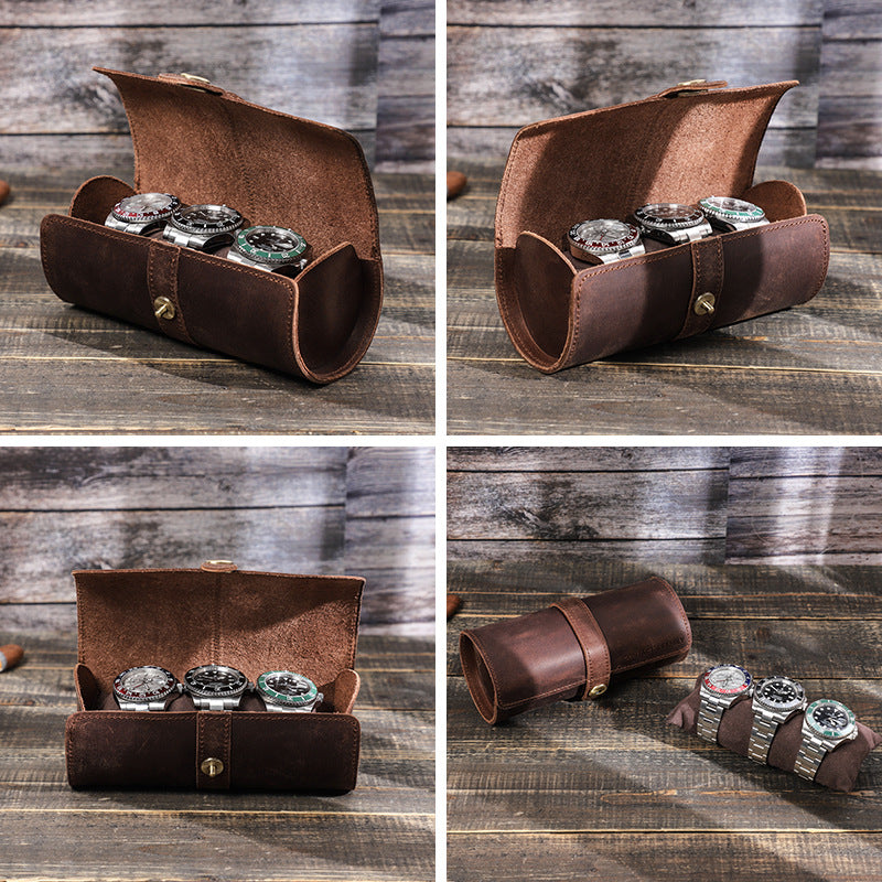Vintage Crazy Horse Leather Watch Case with Round Clasp for Three Watches