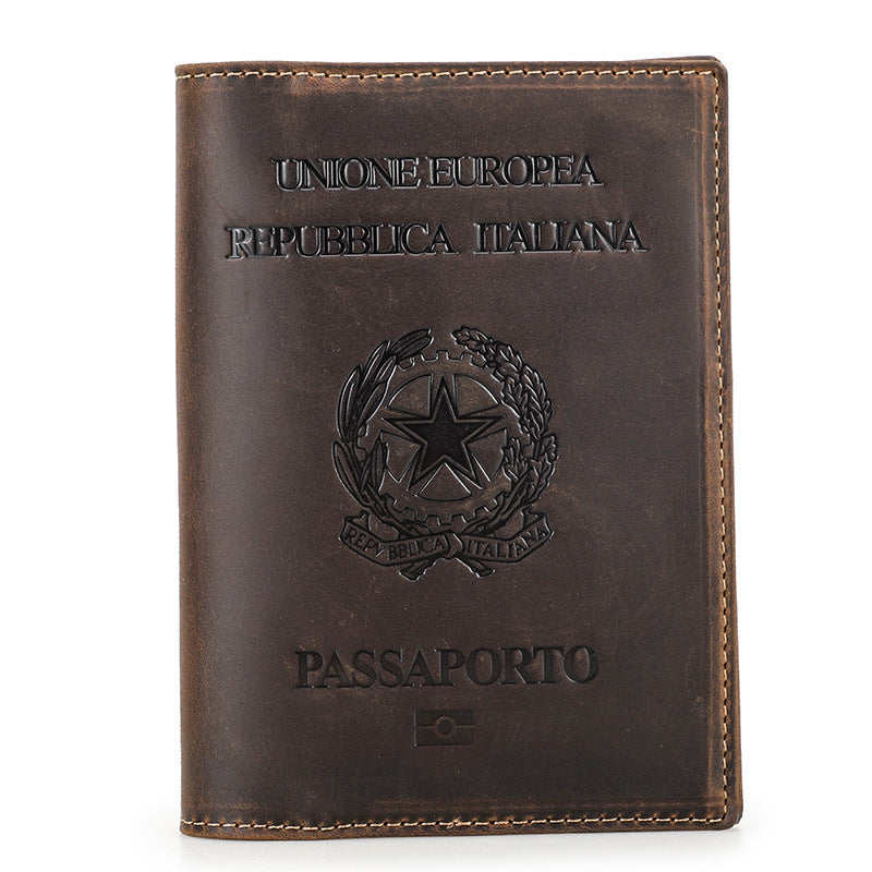 Black Vintage Crazy Horse Leather RFID-Blocking Family Passport Wallet with AirTag Pocket