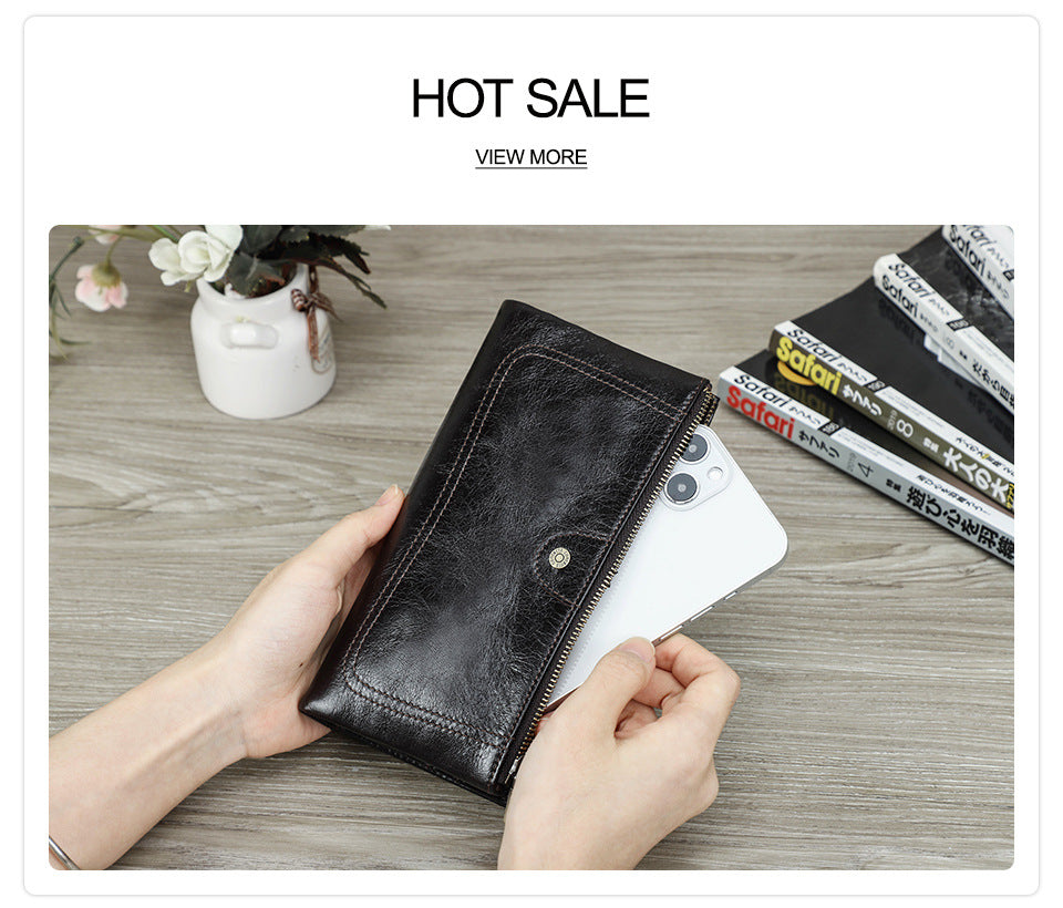 Top-Grain Cowhide Leather RFID-Blocking Long Wallet for Women with Metal Clasp