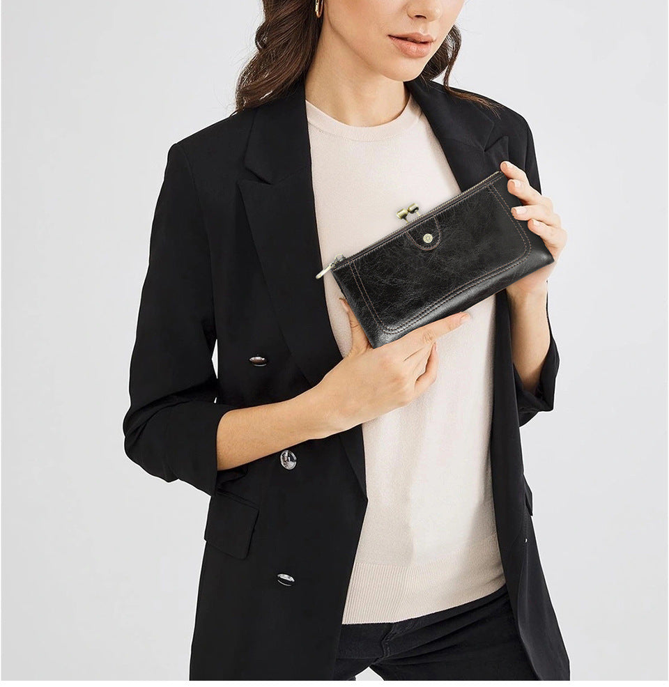 Top-Grain Cowhide Leather RFID-Blocking Long Wallet for Women with Metal Clasp
