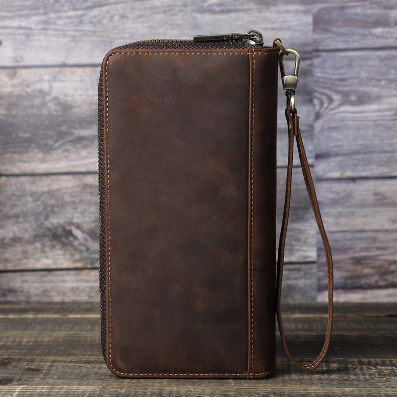 Men’s Vintage Crazy Horse Cowhide Double-Zip Clutch Wallet with Wrist Strap