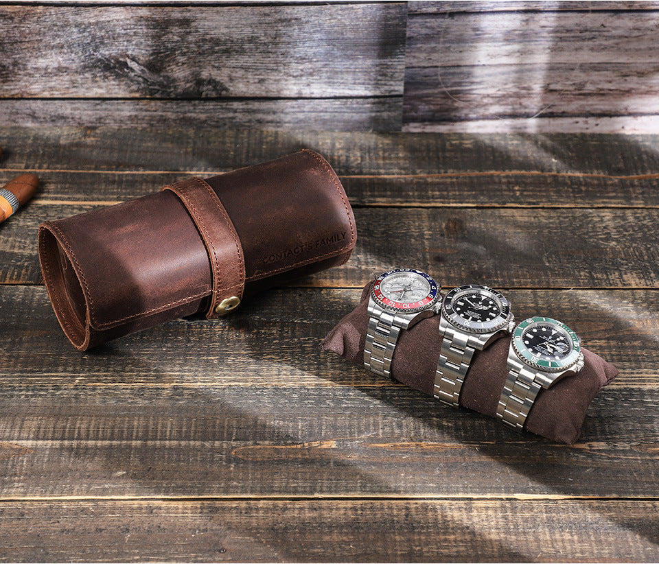 Vintage Crazy Horse Leather Watch Case with Round Clasp for Three Watches