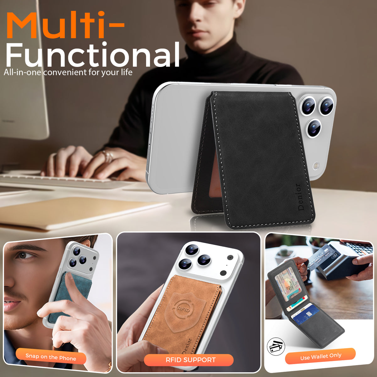 MagSafe-Compatible PU Leather Card Holder Stand for iPhone & Android