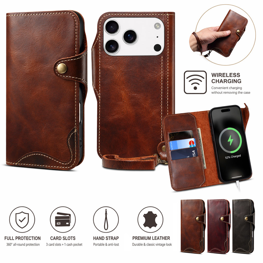 Retro Handmade Leather Wallet Case for iPhone 7-17 Pro Max
