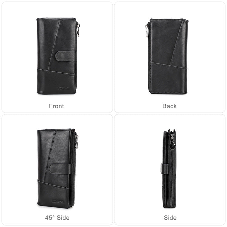Men’s Top-Grain Cowhide Leather Long Clutch Wallet with Clasp Closure