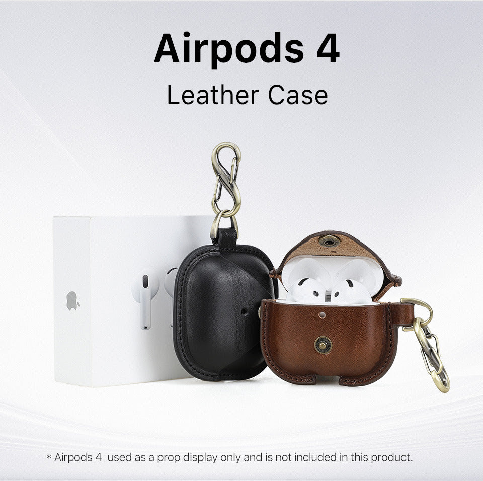 Full-Cover Cowhide Leather Case with Snap Closure for AirPods 4