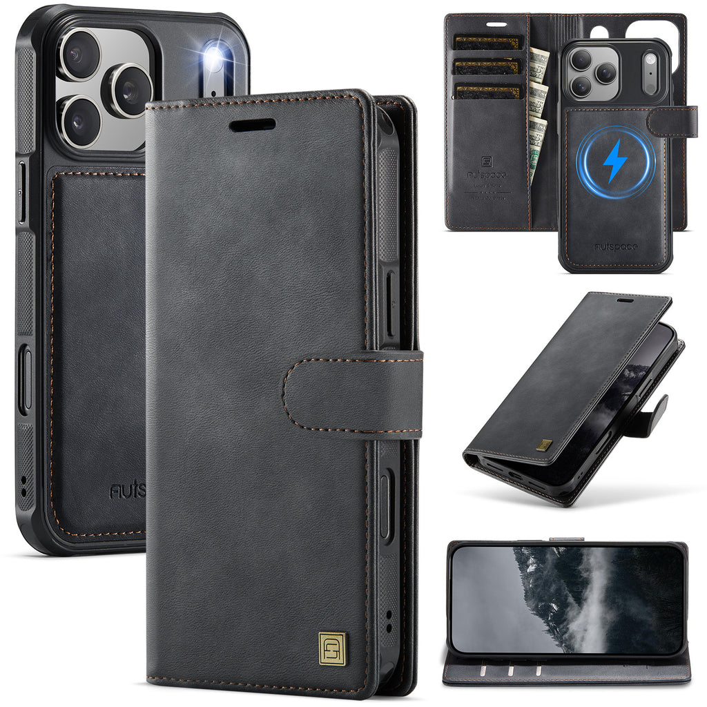 2-in-1 MagSafe-Compatible PU Leather Flip Case with Card Holder Stand for iPhone 12-17 series