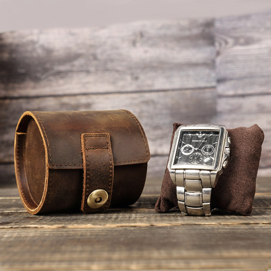 Vintage Crazy Horse Leather Cylindrical Case for One Watch