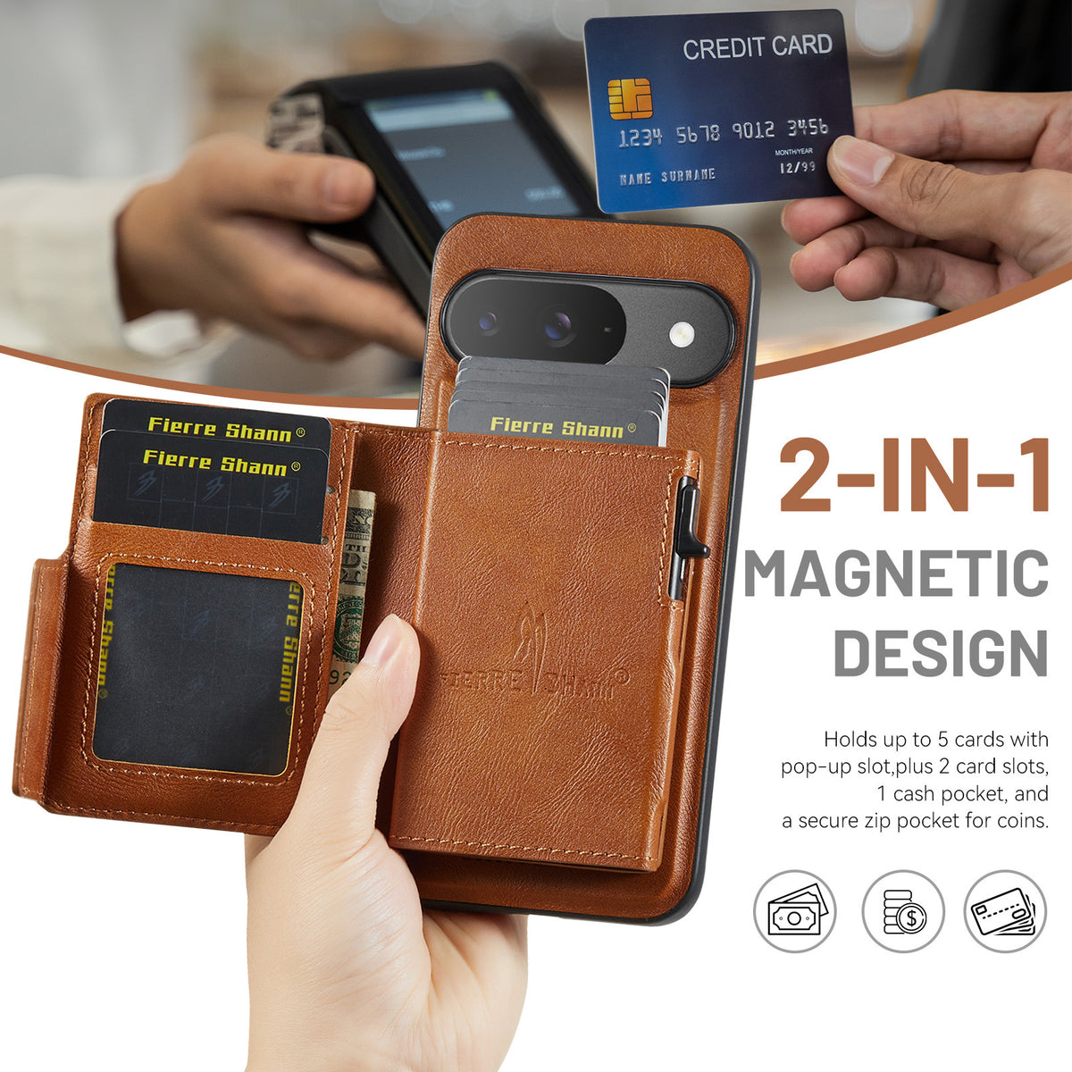 PU Leather Magnetic Pop-Up Card Wallet with Zipper Coin Pocket for Google Pixel