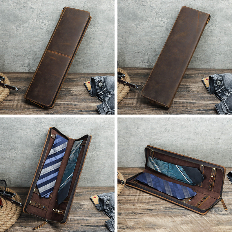 Vintage Crazy Horse Leather Zipper Travel Case for Two Ties & Cufflinks