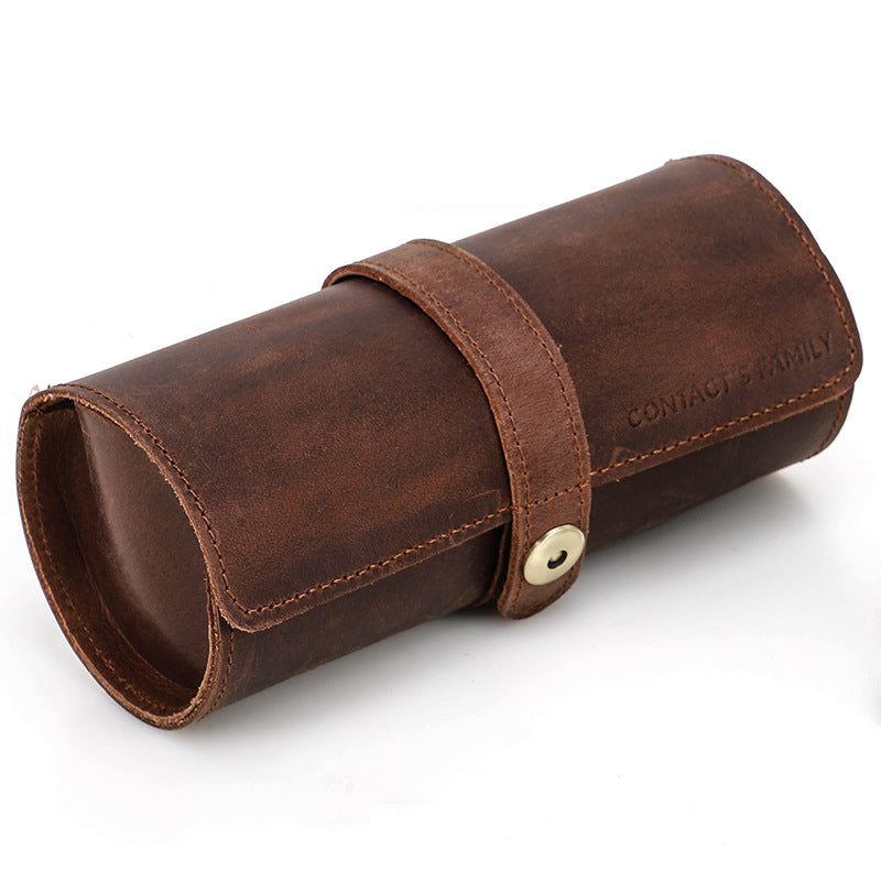 Vintage Crazy Horse Leather Watch Case with Round Clasp for Three Watches