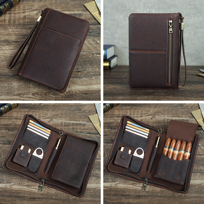Genuine Leather Zipper Travel Cigar Case with Wrist Strap – Holds 5 Cigars