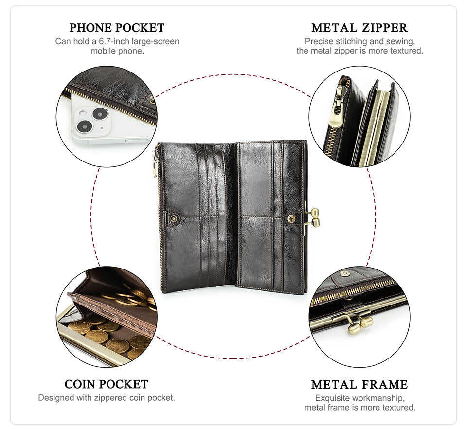 Top-Grain Cowhide Leather RFID-Blocking Long Wallet for Women with Metal Clasp