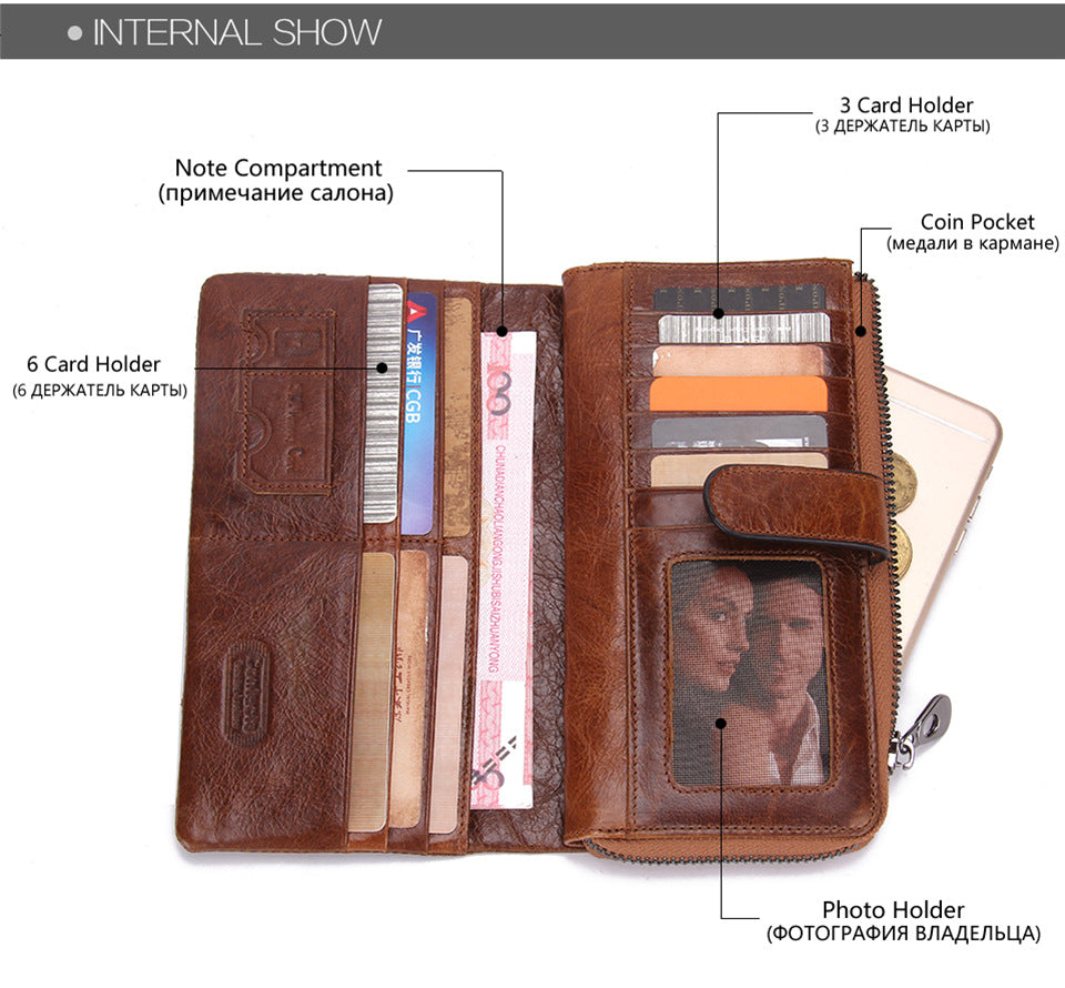Men’s Top-Grain Cowhide Leather Long Clutch Wallet with Clasp Closure