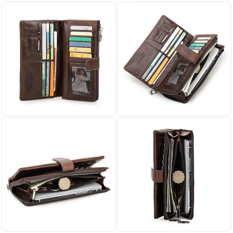 Men’s Top-Grain Cowhide Leather Long Clutch Wallet with Clasp Closure