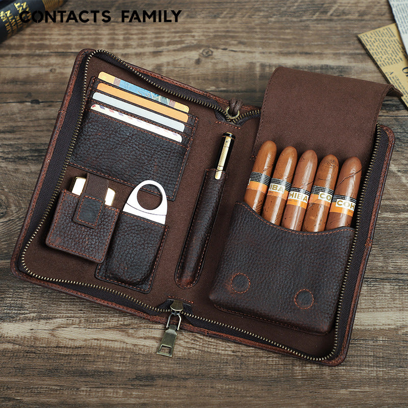 Genuine Leather Zipper Travel Cigar Case with Wrist Strap – Holds 5 Cigars