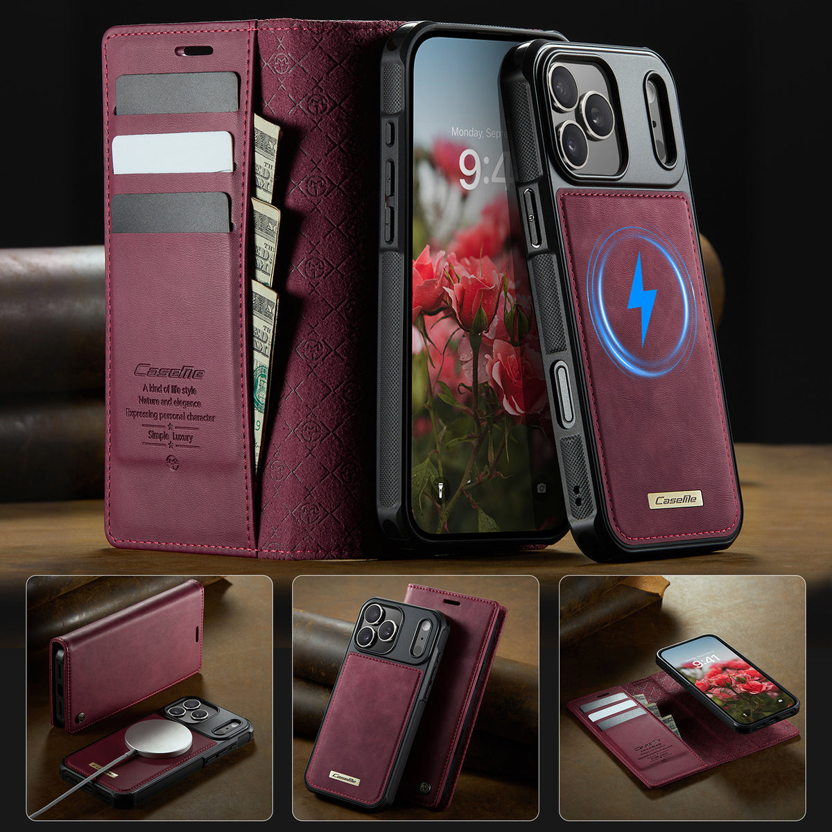 Detachable Leather Flip Case with MagSafe for iPhone 11-17 Pro Max