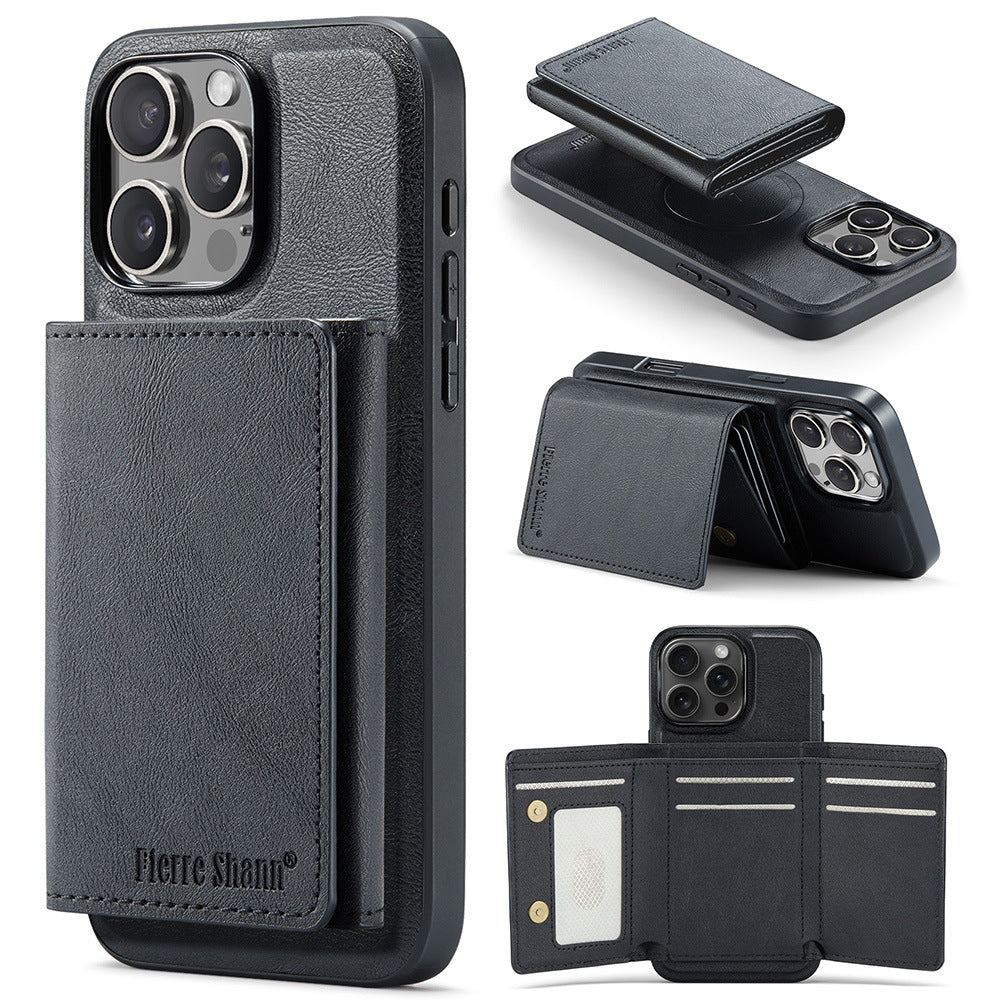 2-in-1 PU Leather MagSafe Case with Tri-Fold Wallet Stand for iPhone 11–17 Series