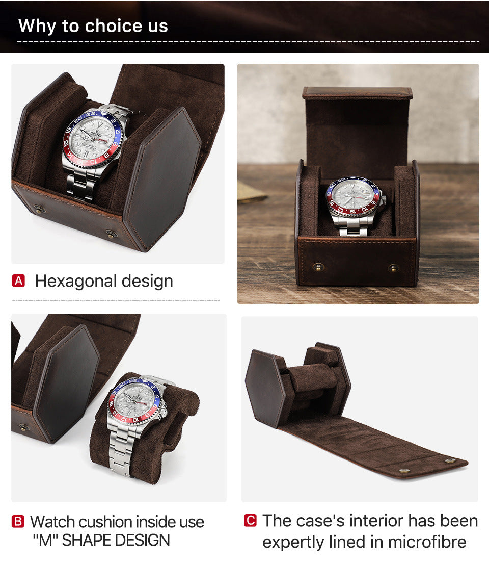 Handcrafted Hexagon Leather Luxury Watch Travel Case