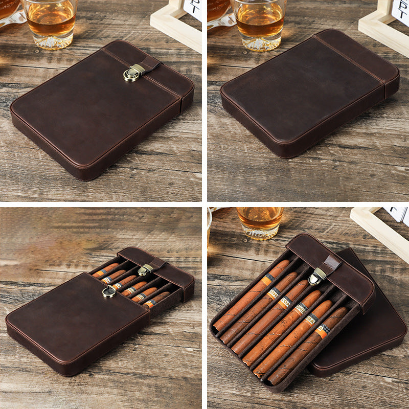 Handmade Crazy Horse Cowhide Drawer-Style Cigar Humidor with Lock – Holds 6 Cigars
