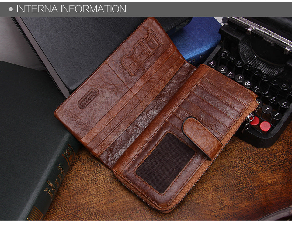 Men’s Top-Grain Cowhide Leather Long Clutch Wallet with Clasp Closure