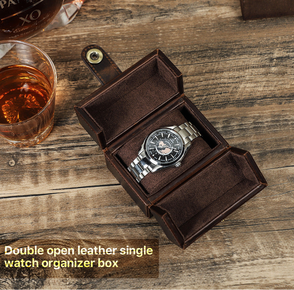 Retro Brown Crazy Horse Double Open Leather Watch Case with Magnetic Clasp