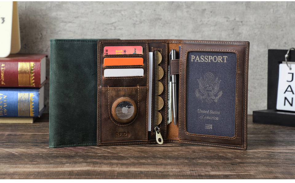 Black Vintage Crazy Horse Leather RFID-Blocking Family Passport Wallet with AirTag Pocket