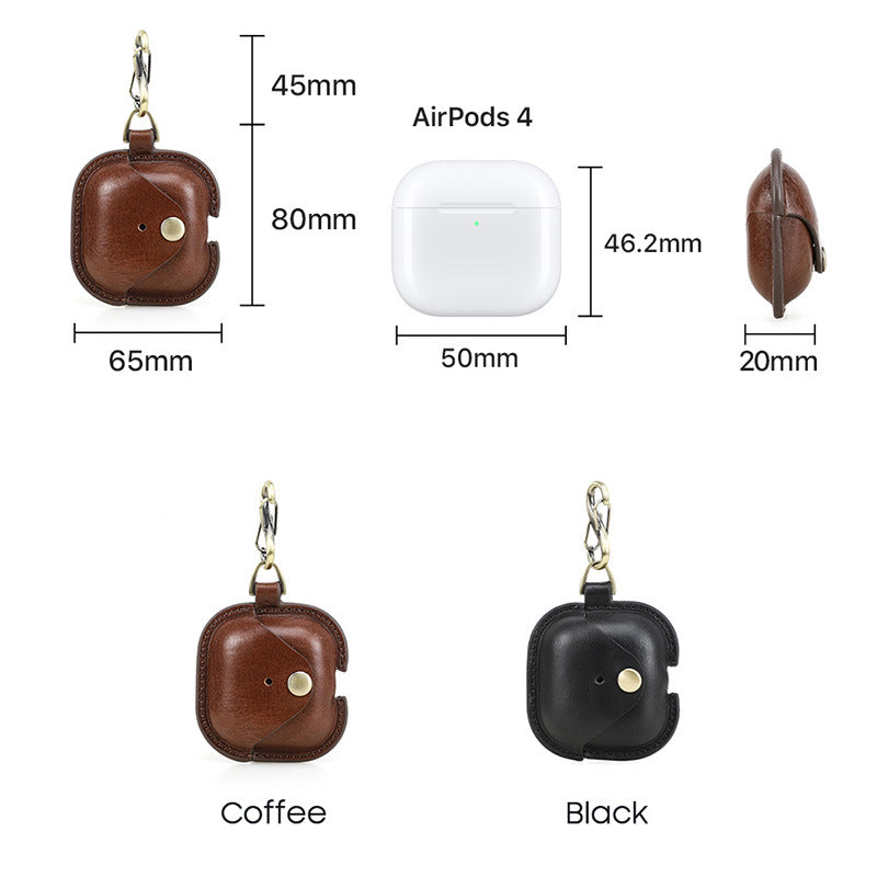 Full-Cover Cowhide Leather Case with Snap Closure for AirPods 4