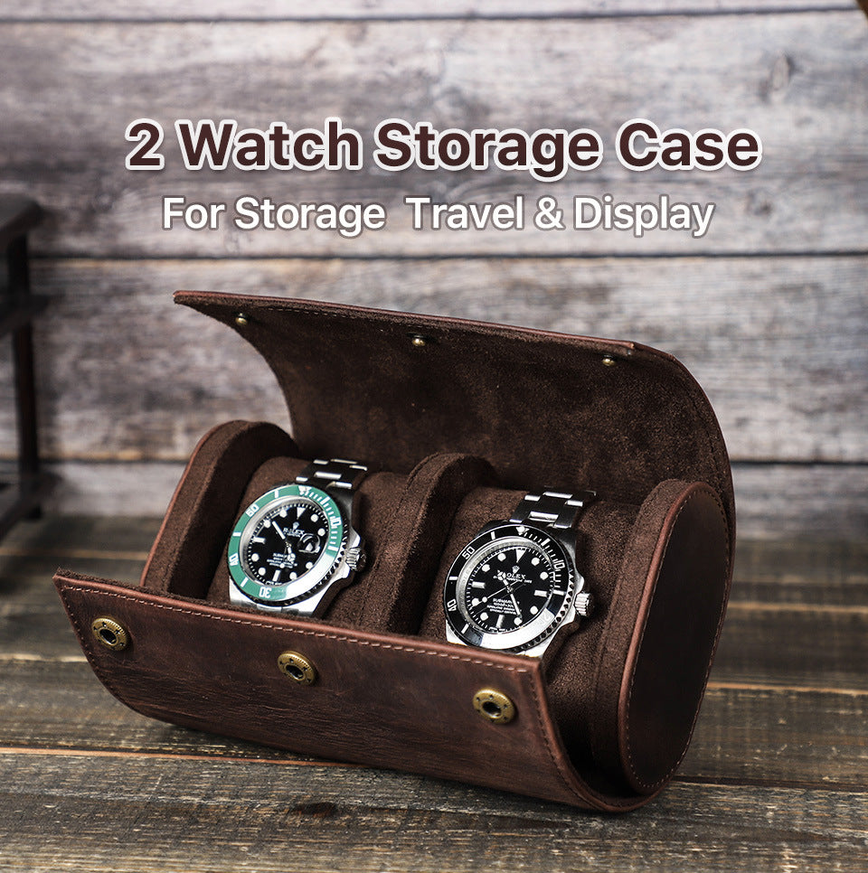 Vintage Crazy Horse Leather Double Watch Travel Case