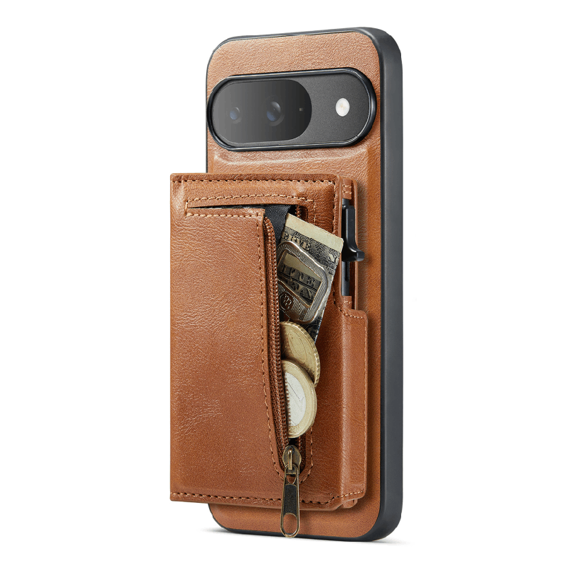 PU Leather Magnetic Pop-Up Card Wallet with Zipper Coin Pocket for Google Pixel