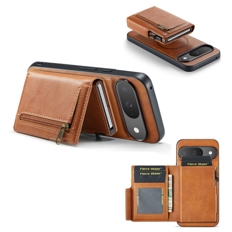 PU Leather Magnetic Pop-Up Card Wallet with Zipper Coin Pocket for Google Pixel