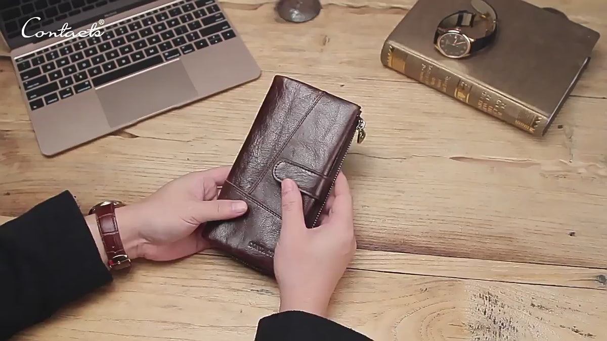 Men’s Top-Grain Cowhide Leather Long Clutch Wallet with Clasp Closure