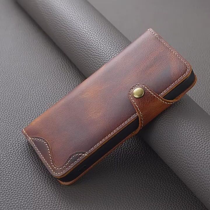 Retro Handmade Leather Wallet Case for iPhone 7-17 Pro Max