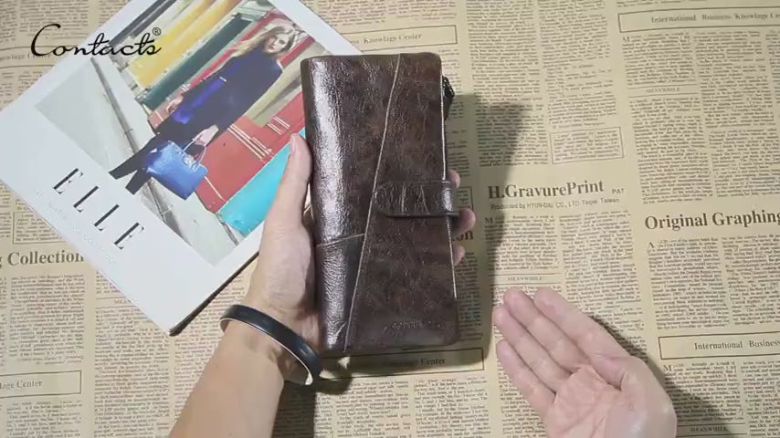 Men’s Cowhide Leather Tri-Fold Clutch Wallet with Clasp Closure