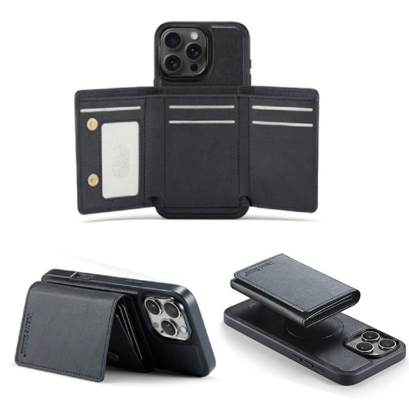 2-in-1 PU Leather MagSafe Case with Tri-Fold Wallet Stand for iPhone 11–17 Series